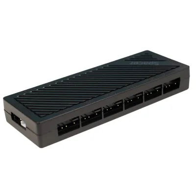 FAN HUB SPACER pt. maxim 6 ventilatoare ARGB, telecomanda pt. setat iluminarea RGB, sincronizare cu MB, alimentare 4-pin/  culori 3-pin, magnetic, black, "SPFC-ARGB-BK-6F " (timbru verde 0.18 lei)