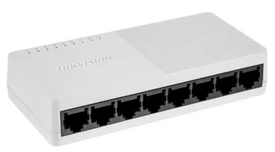 Switch Hikvision DS-3E0108D-O: 8 x 10/100 Mbps ethernet port, MDI/MIDX, tensiune alimentare 5 VDC, 0.6 A, dimensiuni: 124.00 mm × 22.00 mm × 52.00 mm, greutate: 0.059 kg, montare pe birou sau pe perete.
