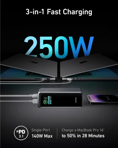 POWER BANK Anker "Prime" 20000mAh, 200W , 1 x USB, 2 x USB Type-C, display digital, 12V/5A, negru, "A1336011" (timbru verde 0.98 lei) - 194644130893