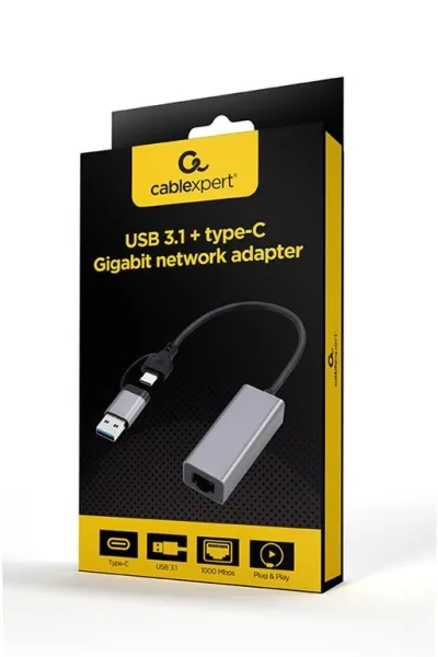 ADAPTOR RETEA GEMBIRD , extern, USB-A 3.1 + Type-C, port RJ-45, 1000 Mbps, silver, "A-USB3AC-LAN-01" (timbru verde 0.18 lei)