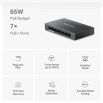 Switch Mercusys Desktop  8 porturi Gigabit, MS108GP, 7 porturi POE (1-7) , buget POE: 65 W, Standarde si protocoale: IEEE 802.3x Flow Control, Dimensiuni: 171*98*27 mm.
