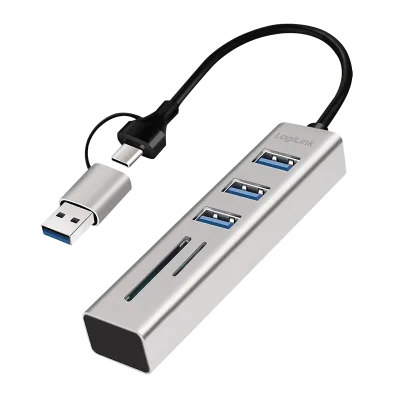 HUB extern LOGILINK, porturi USB: USB 3.0 x 3, conectare prin USB-C 3.0, adaptor conectare USB-A, SD/SDHC + microSD, metal, argintiu, "UA0445" (timbru verde 0.8 lei)