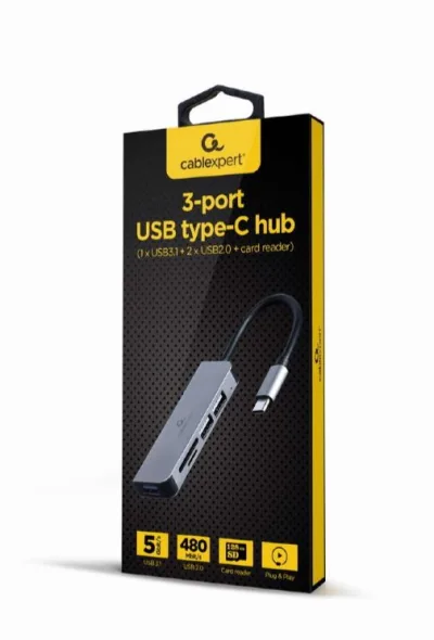 HUB extern GEMBIRD, porturi USB: USB 3.1 x 1, USB 2.0 x 2, conectare prin USB Type-C, suport SD / MicroSD, argintiu, "UHB-CM-CRU3P1U2P2-01" (timbru verde 0.8 lei)