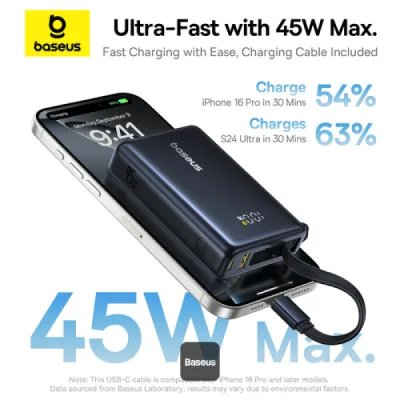 POWER BANK Baseus PicoGo, display, capacitate 10000mAh, 45W, cablu integrat USB Type-C, 1 x USB Type-C, 1 x USB, total 5V/3A, negru, "P10076803123-00" (timbru verde 0.98 lei) - 6932172678715