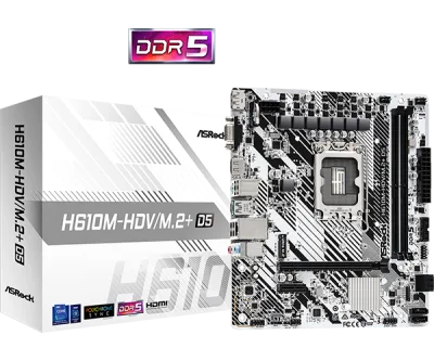 Placa de baza AsRock "H610M-HDV/M.2+ D5", skt. LGA 1700, chipset Intel H610, mATX, 2 x DDR5 max. 96 GB, USB 3.2 gen 1, 4 x SATA, 1 x M.2, PCIe 4.0, HDMI, DisplayPort, VGA, "H610M-HDV/M.2+ D5"