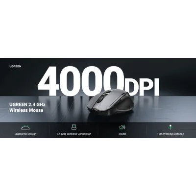 MOUSE Ugreen, "MU101" PC sau NB, wireless 2.4GHz + Bluetooth, optic, 5/1 butoane/scroll, 4000 dpi, negru "90395" (timbru verde 0.18 lei) - 6957303893959