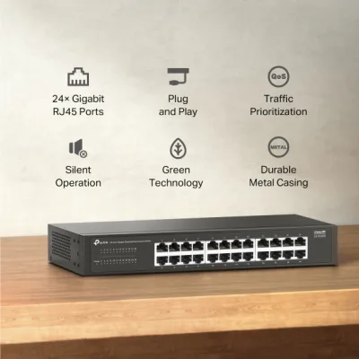 SWITCH TP-LINK 24 porturi Gigabit, fanless, instalare desktop / rackmount, carcasa metalica "LS1024G" (timbru verde 2 lei)