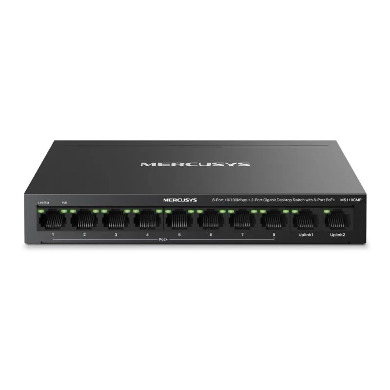 Switch desktop Mercusys 8-Port 10/100 Mbps + 2-Port Gigabit Desktop Switch with 8-Port PoE+, IEEE 802.3x Flow Control, 5.6 Gbps, dimensiuni 6.7 × 3.9 × 1.1 in (171 × 98 × 27 mm)