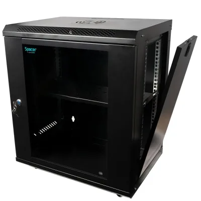 CABINET 19″ SPACER 12U 500x450mm, fixare pe perete, Flatpack (dezasamblat), Black, usa sticla cu blocare, panouri detasabile, otel 1mm, sarcina maxima 25Kg