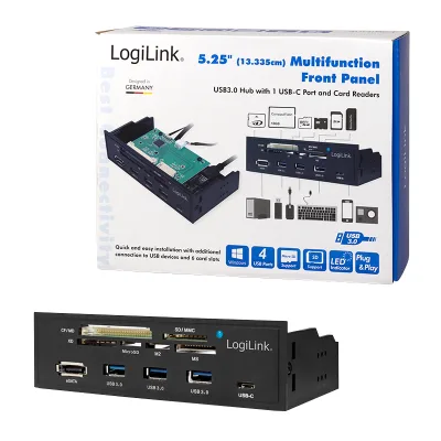 HUB intern LOGILINK, porturi USB: USB 3.0 x 3, USB Type C,conectare prin USB 2.0, S-ATA, alte porturi: SD, MicroSD, M2, MS, XD, CF, eSATA, negru, for 5.25" bay, black "UA0341"  (timbru verde 0.8 lei)