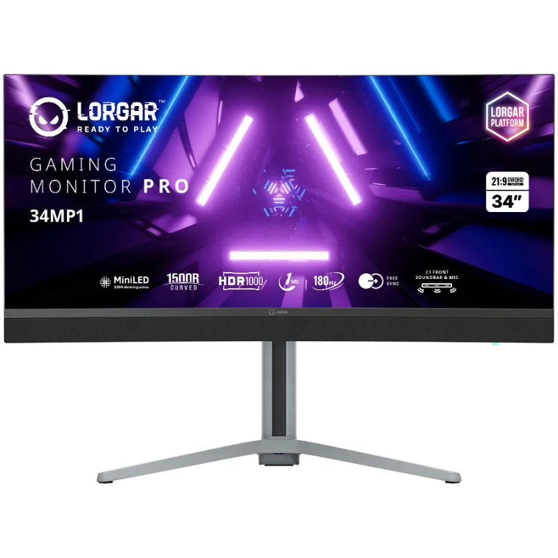 LORGAR 34MP1, UWQHD MiniLED Gaming Monitor Pro, 34 (3440*1440) VA curve monitor, black/milky grey "LRG-34MP1W180C-GY" (timbru verde 7 lei)