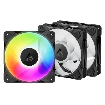 Set 3 ventilatoare Arctic "P12 Pro A-RGB LN - 3 Pack", 120mm, 450 - 2000 RPM, FDB, 49 cfm, 4-Pin Fan Plug + 4-Pin Socket/3-Pin A-RGB Plug + 3-Pin Socket, negru, "ACFAN00347A" (timbru verde 0.54lei)