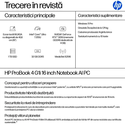 NB PB 4 G1I CU7-255U 16"/32GB/1TB W11P C14P0ET HP "C14P0ET" (timbru verde 3.5 lei)