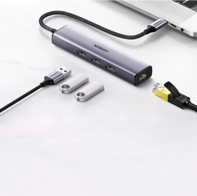 ADAPTOR RETEA Ugreen, "cm475" extern, USB 3.0 (T) la port Gigabit RJ-45, porturi USB: USB 3.0 x 3, USB Type-C x 1, argintiu "60554" (timbru verde 0.18 lei) - 6957303865543