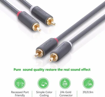 CABLU audio Ugreen, "AV104" 2 x RCA (T) la 2 x RCA (T), 3m, conectori auriti, negru "10519" (timbru verde 0.18 lei) - 6957303815197