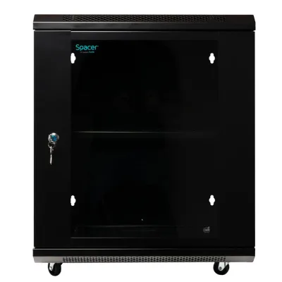CABINET 19″ SPACER 12U 500x400mm, fixare pe perete, Flatpack (dezasamblat), Black, usa sticla cu blocare, panouri detasabile, otel 1mm, sarcina maxima 25Kg