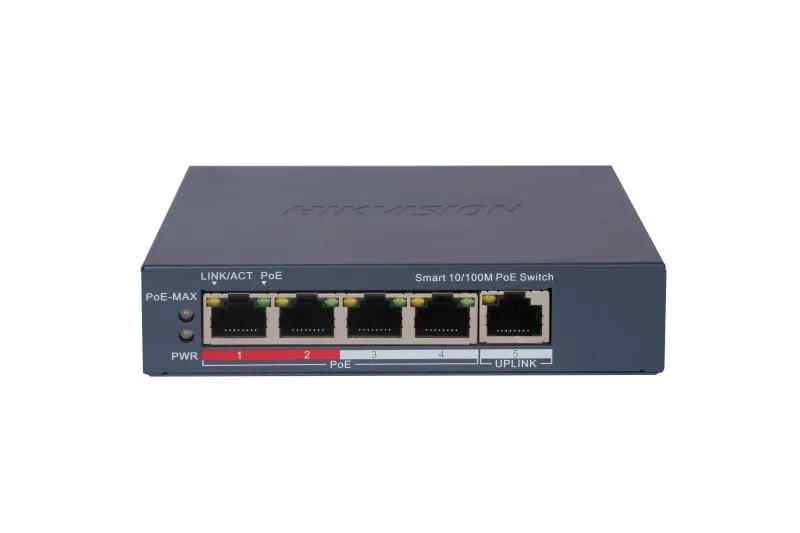 Switch 4 porturi PoE Hikvision DS-3E1105P-EI, L2, Smart Managed, 4 × 100 Mbps PoE RJ45 ports, si 1 × 100 Mbps network RJ45 port, Putere PoE 60 W, maxim 30W per port, Extend mode - pana la 300 metri, material metal, dimensiuni: 105 mm × 27.6 mm × 83.1