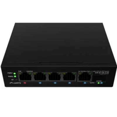 Switch Lanberg ILFE-4P-1GE-1S-90, 1 port 100BASE-T 802.3bt PoE++, 3 porturi  100BASE-T 802.3af/802.3at PoE+, Unmanaged, maxiumum network link speed 100 Mbps, 1000 Mbps, latime de banda 12 Gbps, standar PoE 802.3at, 802.3af, 802.3bt