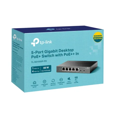 SWITCH PoE TP-LINK, 5 porturi Gigabit (1-Port PoE++ in si 4 PoE+ out), IEEE 802.3at/af, buget PoE 66W maxim, carcasa metalica "TL-SG1005P-PD" (timbru verde 2 lei)