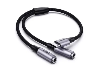 CABLU audio Ugreen, "AV144" USB Type-C (T) la 2 x 3.5 mm jack (M), 0.20 m, argintiu "30732" (timbru verde 0.18 lei) - 6957303837328