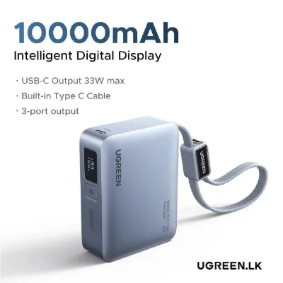 POWER BANK Ugreen "PB584", 10000mAh, 33W, 1 x USB, 1 x USB Type-C, 1 x USB Type-C integrat, display, gri, "75173B" (timbru verde 0.98 lei)