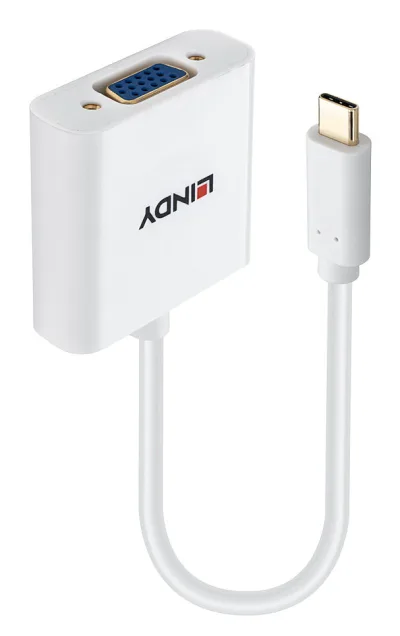 Lindy USB-C - VGA Converter, Maximum Input Resolution: 1920x1200@60Hz, Chipset: LT8711V, inputs: 1 x USB Type C (Male), Outputs: 1 x VGA (Female), alb