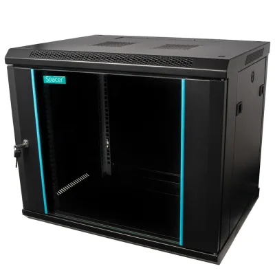 CABINET 19″ SPACER 9U 600x450mm, fixare pe perete, Flatpack (dezasamblat), Black, usa sticla cu blocare, panouri detasabile, otel 1.5mm, sarcina maxima 60Kg