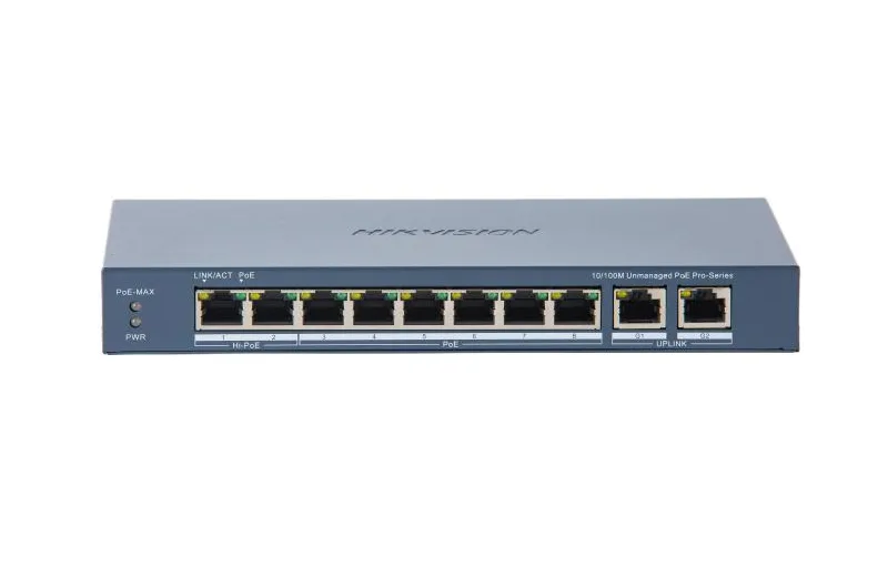 Switch PoE Hikvision DS-3E0310HP-E(C): 8 × 10/100 Mbps PoE port,2 × Gigabit RJ45 port, 16 porturi PoE maxim 30W, buget PoE 130W, tensiune alimentare: 54 VDC, 2.22 A., dimensiuni: 217.6 mm × 27.6 mm × 108.5 mm, greutate: 1.27kg, montare pe birou.