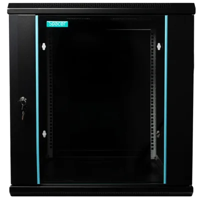CABINET 19″ SPACER 12U 600x600mm, fixare pe perete, Flatpack (dezasamblat), Black, usa sticla cu blocare, panouri detasabile, otel 1.5mm, sarcina maxima 60Kg