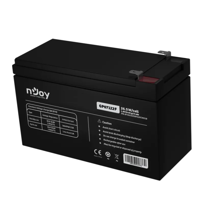 Acumulator nJoy GP07122F 12V 23.51W/cell  Battery Model GP07122F Voltage 12V Power (1,65V/cell@15 min) 23.51W/cell Type VRLA - maintanance free Designed Floating Life 3~5 years Nominal Operating Temp. Range 25o C ± 3o C Terminal F2 terminal -Faston Tab