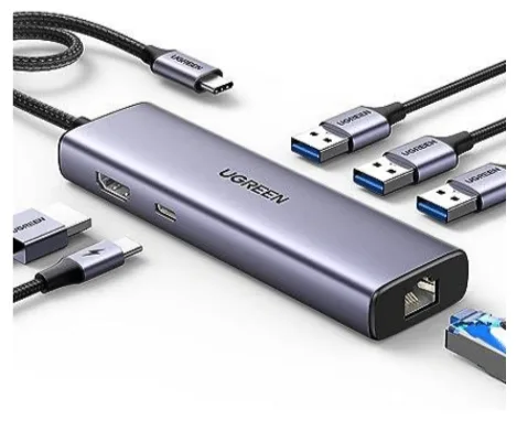 DOCKING Station Ugreen, "CM512" conectare PC USB Type-C, USB 3.0 x 3| RJ-45 Gigabit x 1|HDMI 4K x 1 la 30Hz|USB-C x 1 PD 100W, aluminiu, gri "15598" (timbru verde 0.8 lei) - 6941876215980