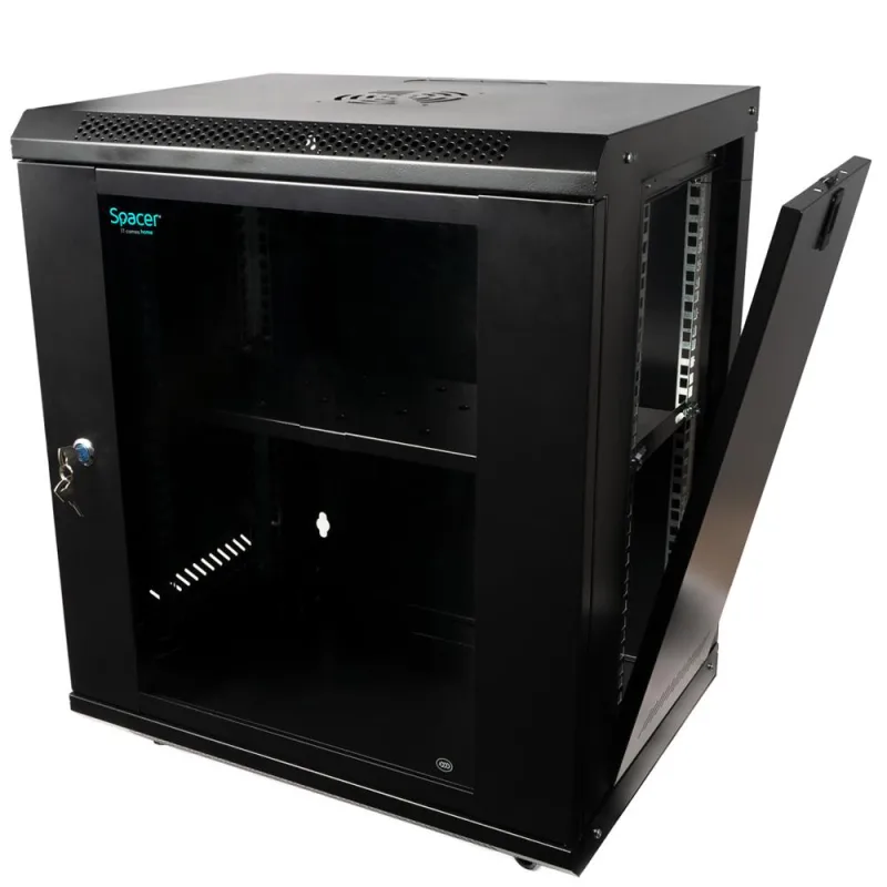 CABINET 19″ SPACER 12U 500x400mm, fixare pe perete, Flatpack (dezasamblat), Black, usa sticla cu blocare, panouri detasabile, otel 1mm, sarcina maxima 25Kg