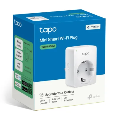 PRIZA inteligenta TP-LINK, certificare matter, Schuko x 1, conectare prin Schuko (T), 10 A, programare prin smartphone, Bluetooth, WiFi, alb "Tapo P100M" (timbru verde 0.18 lei)