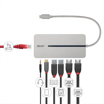 Hub USB LINDY DST-Mx Duo, USB-C, 10 porturi, HDMI, RJ-45, Argintiu