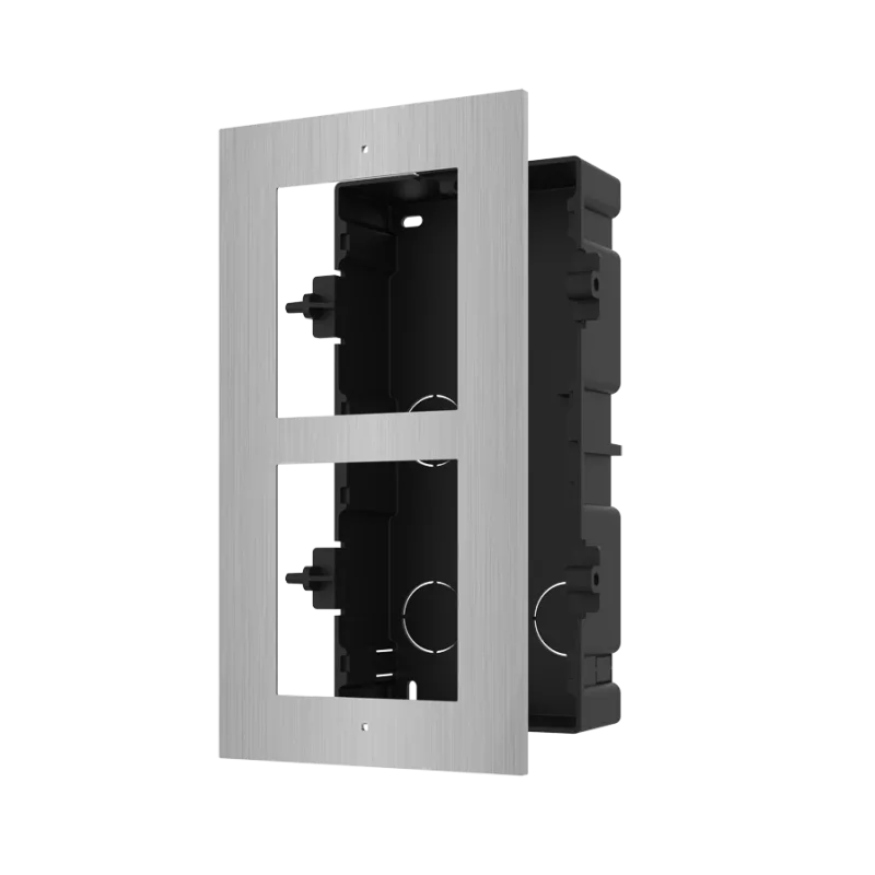 Panou frontal pentru 2 module de videointerfon modular Hikvision DS-KD- ACF2/S; permite conectarea a 2 module de interfon modular; montare incastrata; material otel inoxidabil; doza de plastic inclusa; dimensiuni:236mm x 124mm x 4mm;