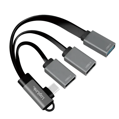 HUB extern LOGILINK, porturi USB: USB 2.0 x 2 + USB 3.0 x 1, conectare prin USB-C 3.2 Gen1 90 grade, 0.15m flat, aluminiu, ecranaj, negru-gri, "UA0361" (timbru verde 0.18 lei)