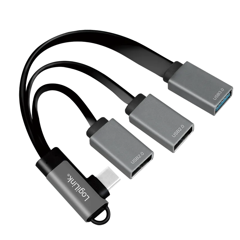 HUB extern LOGILINK, porturi USB: USB 2.0 x 2 + USB 3.0 x 1, conectare prin USB-C 3.2 Gen1 90 grade, 0.15m flat, aluminiu, ecranaj, negru-gri, "UA0361" (timbru verde 0.18 lei)