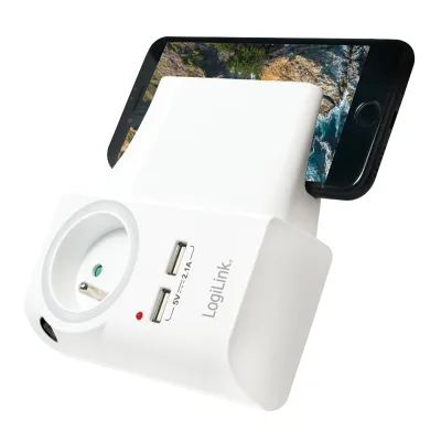 ADAPTOR LOGILINK, Socket tip E x 1, USB x 2 5V/2.1A, 230V, 50 Hz, max. 16A, IP20, suport telefon/tableta, iluminare LED, alb "PA0166" (include TV 0.18lei)