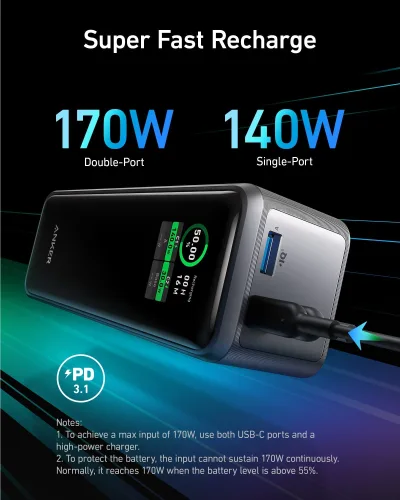 POWER BANK Anker "Prime" 20000mAh, 200W , 1 x USB, 2 x USB Type-C, display digital, 12V/5A, negru, "A1336011" (timbru verde 0.98 lei) - 194644130893
