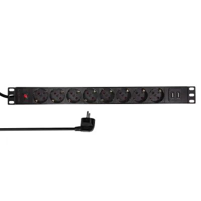 PDU LOGILINK 1U pt. rack 19 inch, 8 prize Schuko, intrare Schuko, max 16 A, on/off, protectie la supratensiune, 2 x USB 2.1A, 2 m, "PDU8C02" (timbru verde 0.8 lei)