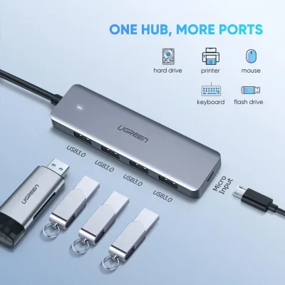 HUB extern Ugreen, "CM219" porturi USB: USB 3.0 x 4, conectare prin USB Type-C, aluminiu, lungime 15 cm, gri, "70336" (timbru verde 0.8 lei) - 6957303873364