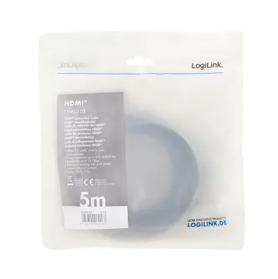 CABLU video Logilink, HDMI (T) la HDMI(T), rezolutie maxima 4K UHD (3840 x 2160) la 60 Hz, conectori auriti, 5m, negru, "CH0013" (timbru verde 0.08 lei)
