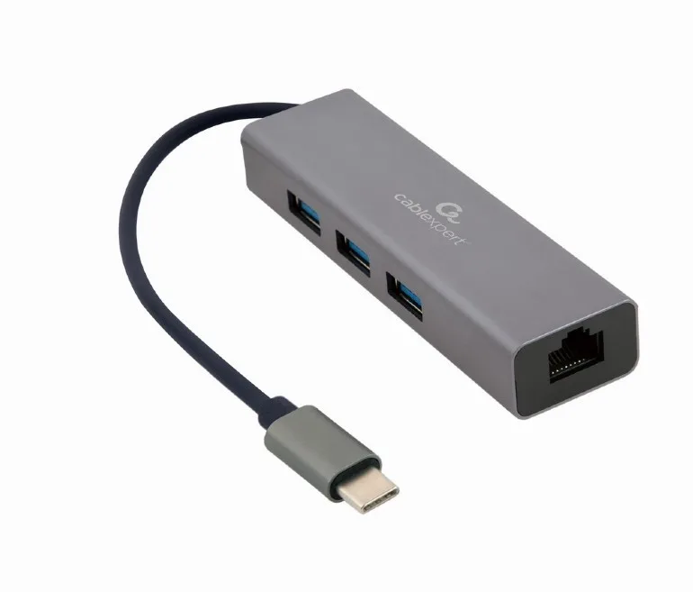 ADAPTOR RETEA GEMBIRD , extern, USB 3.1 Gen1 Type-C, port RJ-45, 1000 Mbps, cu HUB 3 x 3.0 USB-A, silver, "A-CMU3-LAN-01" (timbru verde 0.18 lei)