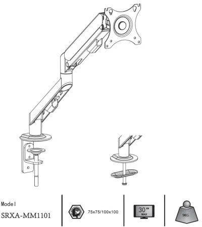 Suport monitor Serioux MM1101, tip: arc cu gaz, reglarea poziției unghiului de înclinare: -45 / + 90 °, pivotant: 180 °, rotatie pentru ambele brate: 360 °, VESA: 75x75mm & 100x100mm, greutate maxima suportata: 9 kg, compatibilitate: 10"-30"