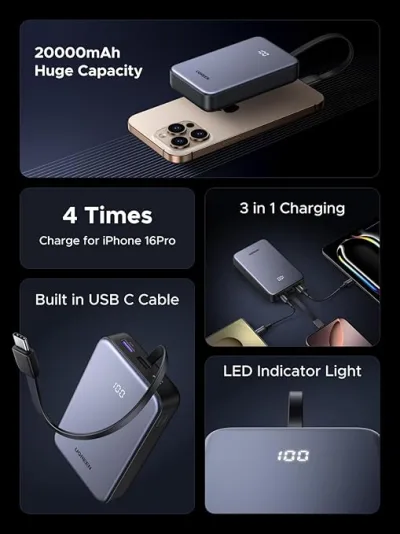 POWER BANK Ugreen "PB505", 20000mAh, 20W, 1 x USB Type-C input/output, cablu USB Type-C integrat, gri "45762" (timbru verde 0.98 lei)