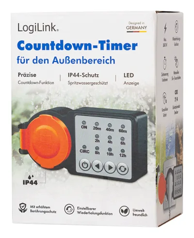 PRELUNGITOR LOGILINK, Schuko x 1, 230 V/16 A, 50 Hz, max. 3500 W, timer, 4 butoane operare, IP44, negru-portocaliu, "ET0015" (timbru verde 0.18 lei)