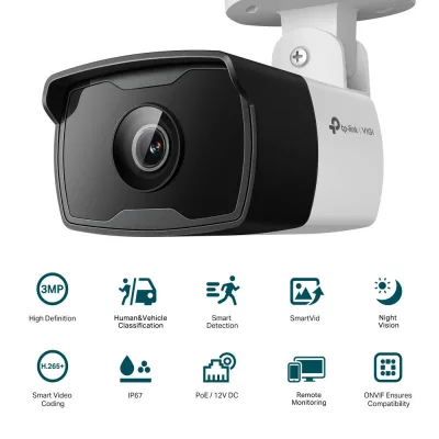 "TP-Link Camera IR de supraveghere Bullet pentru exterior VIGIC330I(4MM), Senzor imagine: CMOS 1/2.8"", Lentila 4mm, F2.0,Weatherproof: IP67, Infrarosu: 30m, Detectare: 65m, Observare: 27m, Recunoastere: 13m, Identificare: 7m, Unghi vizualizare: