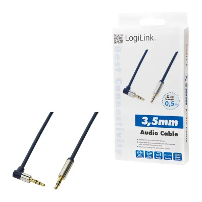 CABLU audio LOGILINK stereo (3.5 mm jack T/T), 0.5m, conectori auriti, un conector 90 grade, albastru "CA11050" (timbru verde 0.08 lei)