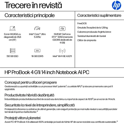NB PB 4 G1I AI CU5-225H 14"/16/512GB DOS AD2M0ET HP "AD2M0ET" (timbru verde 3.5 lei)
