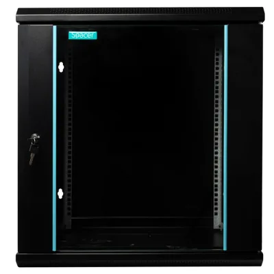 CABINET 19″ SPACER 12U 600x450mm, fixare pe perete, Flatpack (dezasamblat), Black, usa sticla cu blocare, panouri detasabile, otel 1.5mm, sarcina maxima 60Kg